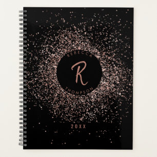 Rose Rosa Schwarz-Glitzer-Rahmen-Monogramm Planer