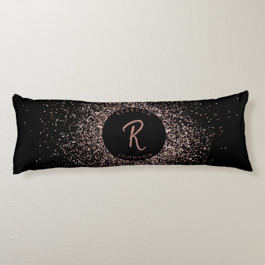 Rose Rosa Schwarz-Glitzer-Rahmen-Monogramm Seitenschläferkissen (Rückseite)