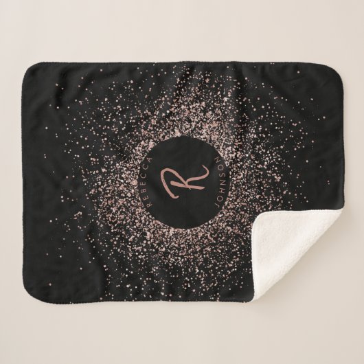 Rose Rosa Schwarz-Glitzer-Rahmen-Monogramm Sherpadecke (Vorderseite (Horizontal))