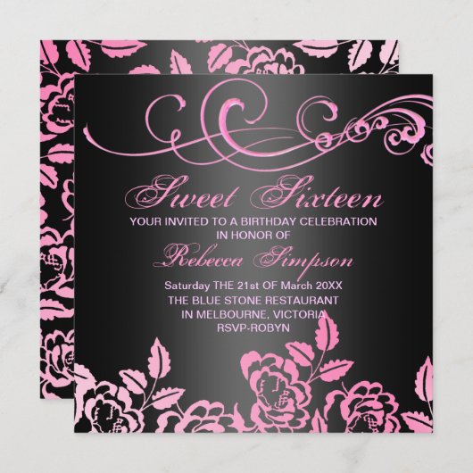 Rose Rosa/Schwarz Swirl Sweet 16 Birthday Einladun Einladung (Vorne/Hinten)