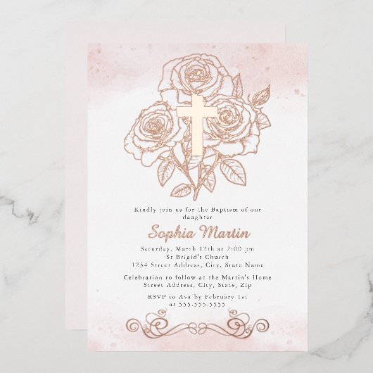 Rose Rosa-Taufe Folieneinladung (Vorderseite/Rückseite)