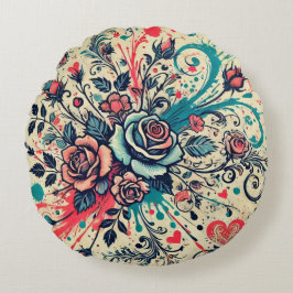Rose / Rosa und Aquamarin / Spritzer Art Rundes Kissen