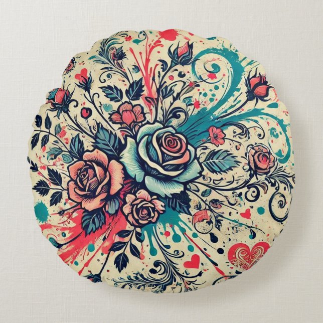 Rose / Rosa und Aquamarin / Spritzer Art Rundes Kissen (Vorderseite)