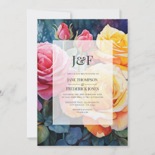 Rose Rosa und Gelb-Blütenblütenmonogramm Einladung
