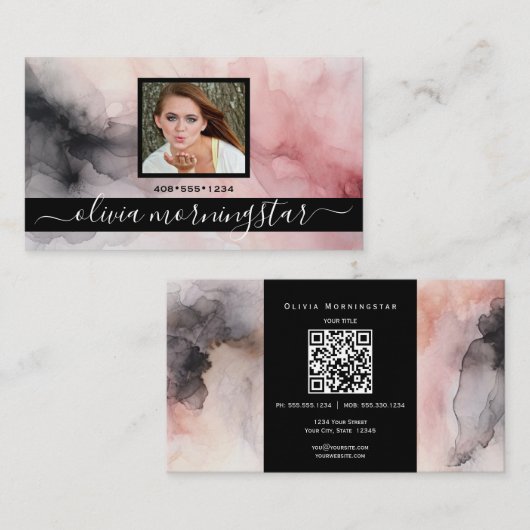 Rose Rosa und schwarz weiche Wasserfarbe QR und Fo Visitenkarte (Vorne/Hinten)