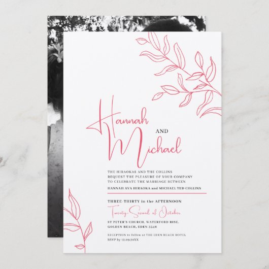 Rose Rosa weiße Zweig der Blätter Skizze Hochzeit Einladung (Vorne/Hinten)