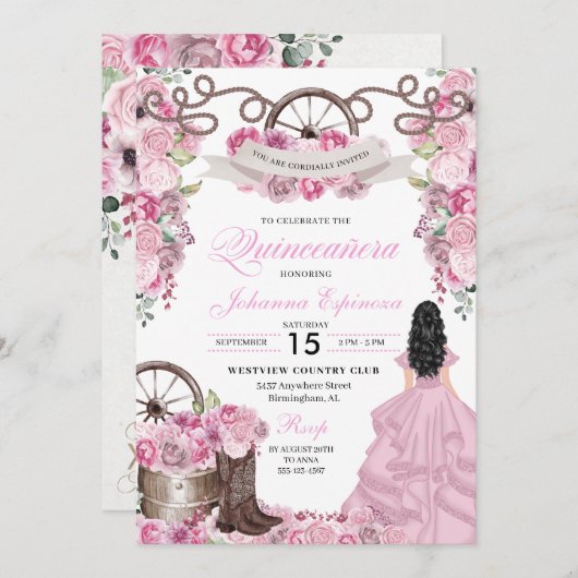 Rose Rosa Western Ranchero Quinceanera Einladung (Vorne/Hinten)