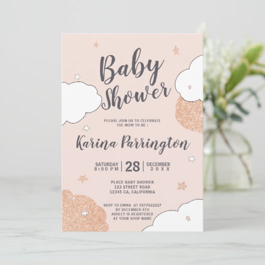 Rose Rosa Wolken Sterne Mädchen Dusche Einladung (Stehend Vorderseite)