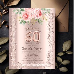 Rose, Rose Gold Glitzer Rahmen Crown 60. Geburtsta Einladung