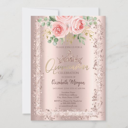 Rose, Rose Gold Glitzer Rahmen Crown Quinceañera Einladung (Vorderseite)