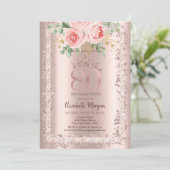 Rose, Rose Gold Glitzer Rahmen Krone 80. Geburtsta Einladung (Stehend Vorderseite)