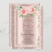 Rose, Rose Gold Glitzer Rahmen Krone 80. Geburtsta Einladung (Vorne/Hinten)