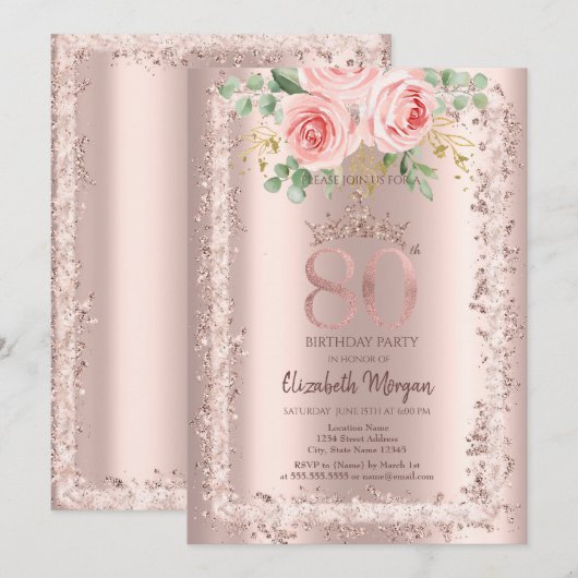 Rose, Rose Gold Glitzer Rahmen Krone 80. Geburtsta Einladung (Vorne/Hinten)