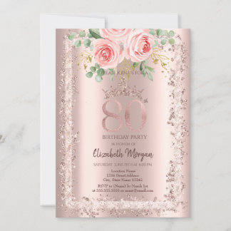 Rose, Rose Gold Glitzer Rahmen Krone 80. Geburtsta Einladung