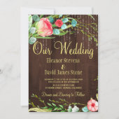 Rose Rose rustikale Saitenleuchten mit Holzverheir Einladung (Vorderseite)