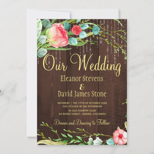 Rose Rose rustikale Saitenleuchten mit Holzverheir Einladung (Vorderseite)