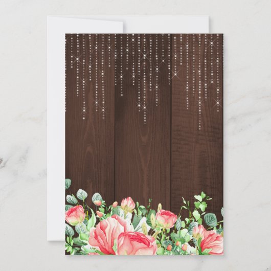 Rose Rose rustikale Saitenleuchten mit Holzverheir Einladung (Rückseite)