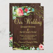 Rose Rose rustikale Saitenleuchten mit Holzverheir Einladung (Vorne/Hinten)