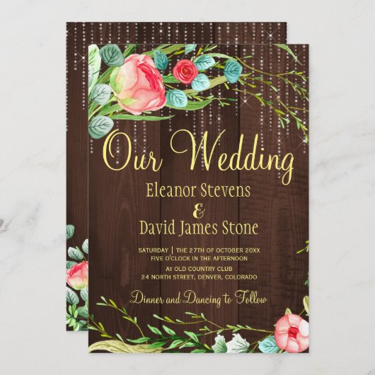 Rose Rose rustikale Saitenleuchten mit Holzverheir Einladung (Vorne/Hinten)