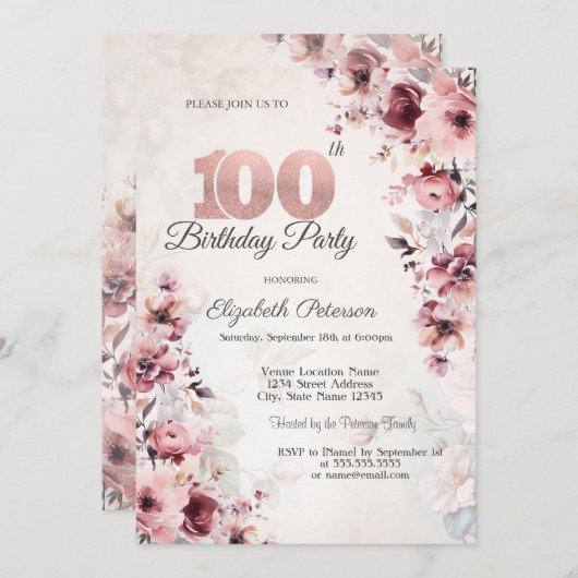 Rose Roses 100. Geburtstag Einladung (Vorne/Hinten)