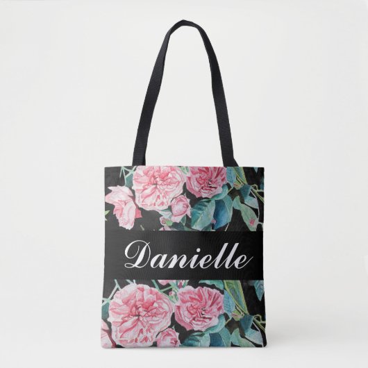 Rose Roses Retro Blume Rosa Schwarze Kunst Tasche (Vorderseite)