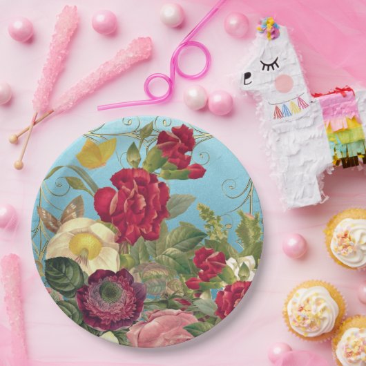 Rose Rot, Burgandy, Gelb, Aquamarin Backed Pappteller (Party)