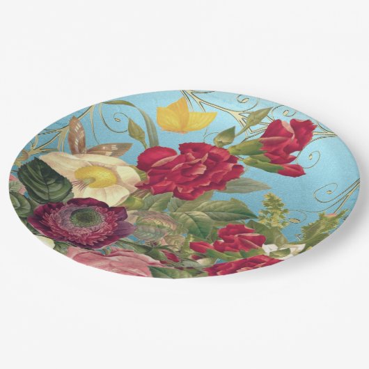 Rose Rot, Burgandy, Gelb, Aquamarin Backed Pappteller (Schrägansicht)