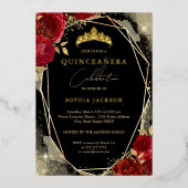 Rose Rot Gold Tiara Quinceanera Folieneinladung (Vorderseite)