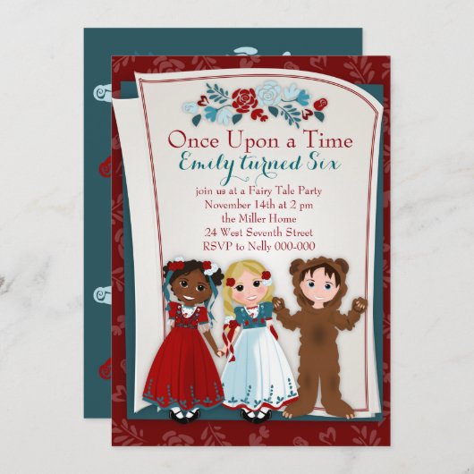 Rose Rot, Schneewittchen und Bären Einladung (Vorne/Hinten)