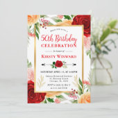 Rose Rot und Orange 50. Geburtstag Einladung (Stehend Vorderseite)