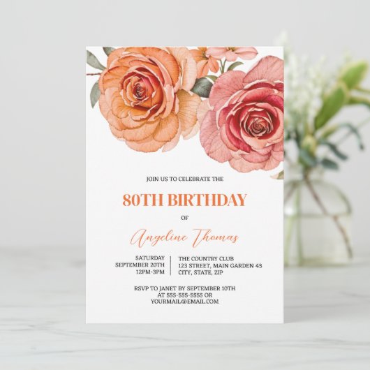 Rose Rot und Orangen Geburt Einladung (Stehend Vorderseite)