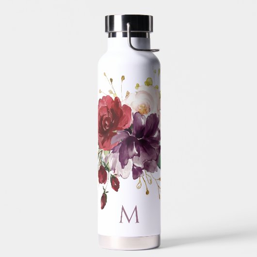Rose, rot und pflaumenfarben, mit Monogramm Trinkflasche (Links)