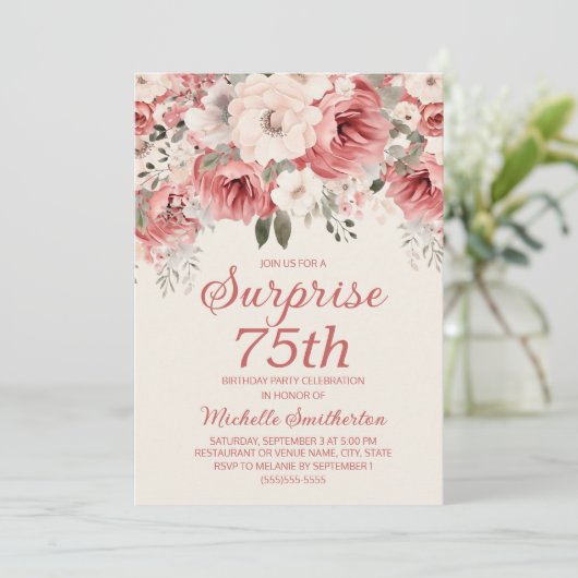 Rose Rote Creme Aquarellfarben Blumenüberraschung Einladung (Stehend Vorderseite)