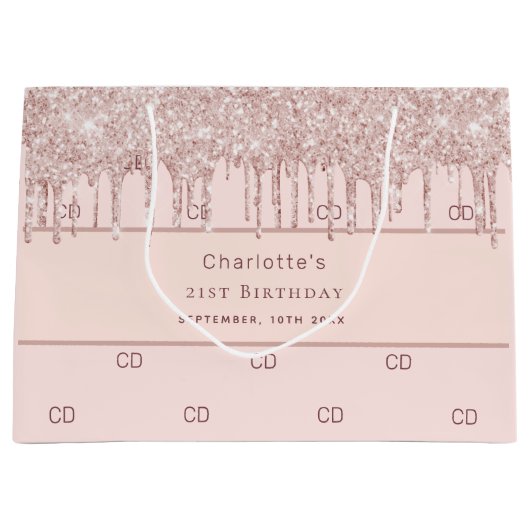 Rose Rotgold Schwarzer Glitzer Monogramm Große Geschenktüte (Vorderseite)