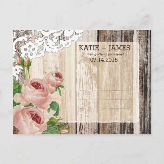 Rose Rustikale Holzplanen und Spitzen Save the Dat Ankündigungspostkarte (Rückseite)