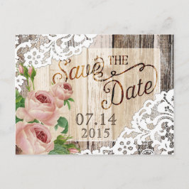 Rose Rustikale Holzplanen und Spitzen Save the Dat Ankündigungspostkarte