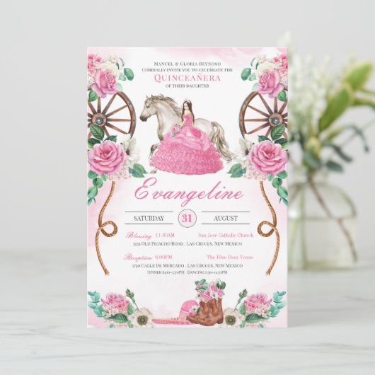 Rose Rustikaler Western Charra Quinceañera Einladung (Stehend Vorderseite)