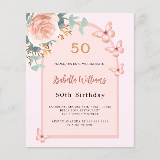 Rose Schmetterlinge Blumenbogen Einladung Geburtst (Vorderseite)