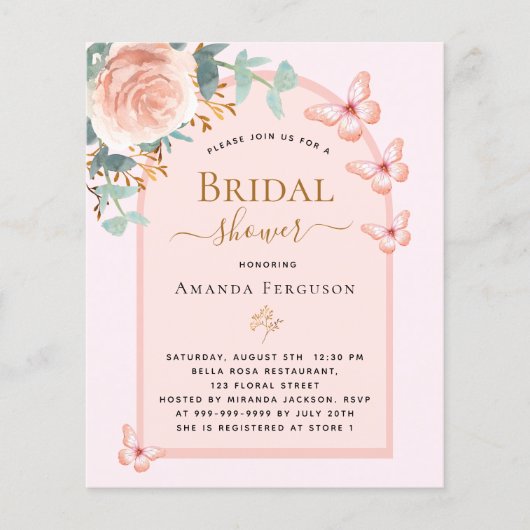 Rose Schmetterlinge Blumenkohl Bridal Einladung (Vorderseite)