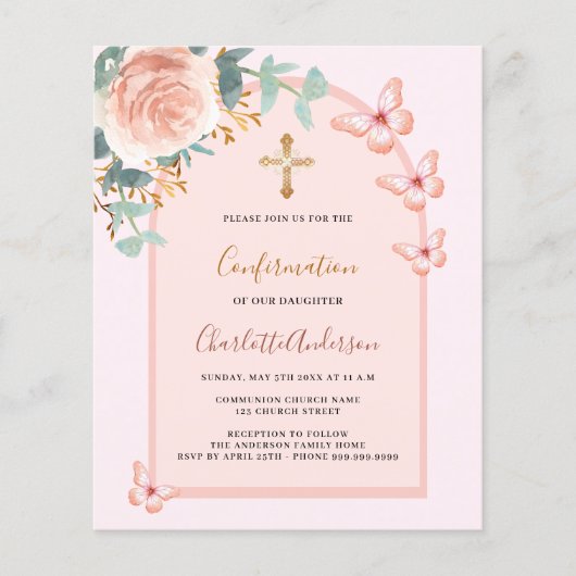 Rose Schmetterlinge Blumenkohl Einladung (Vorderseite)