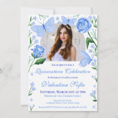 Rose + Schmetterlinge Foto Light Blue Quinceanera Einladung (Vorderseite)