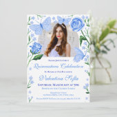Rose + Schmetterlinge Foto Light Blue Quinceanera Einladung (Stehend Vorderseite)
