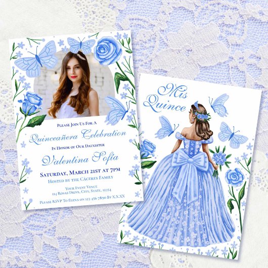 Rose + Schmetterlinge Foto Light Blue Quinceanera Einladung