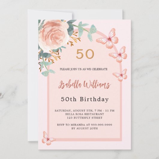 Rose Schmetterlinge Pfirsichblumenbogen Geburtstag Einladung (Vorderseite)