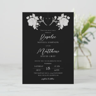 Rose Schwarz & Weiß Elegante Moderne Hochzeit Einladung