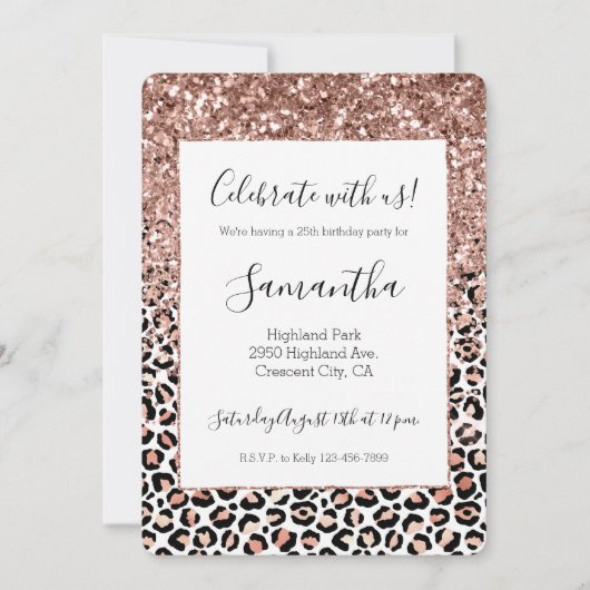 Rose Schwarz-weiß Leopard Glitzer Sparkor  Einladung (Vorderseite)