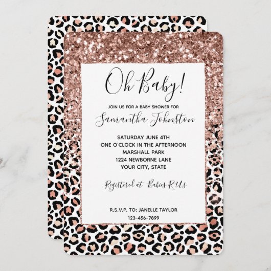 Rose Schwarz-weiß Leopard Glitzer Sparkor Einladung (Vorne/Hinten)