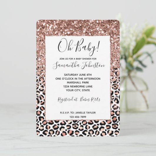 Rose Schwarz-weiß Leopard Glitzer Sparkor Einladung (Stehend Vorderseite)