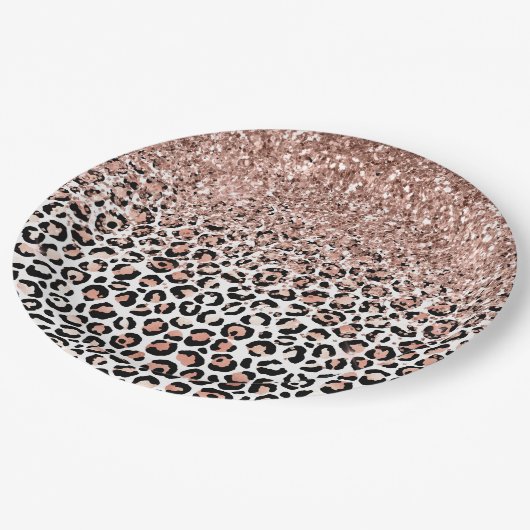 Rose Schwarz-weiß Leopard Glitzer Sparkor Pappteller (Schrägansicht)