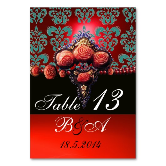 ROSE, SCHWARZE AQUA BLAU ROTES DAMASK-MONOGRAMM TISCHNUMMER (Vorderseite)